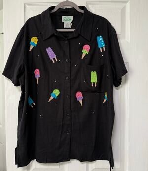 The Quacker Factory Linen Blend Embroidered Ice Cream Popsicles Top Size 1X